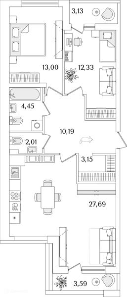 Планировка: 2 комнаты · 76,4 м²