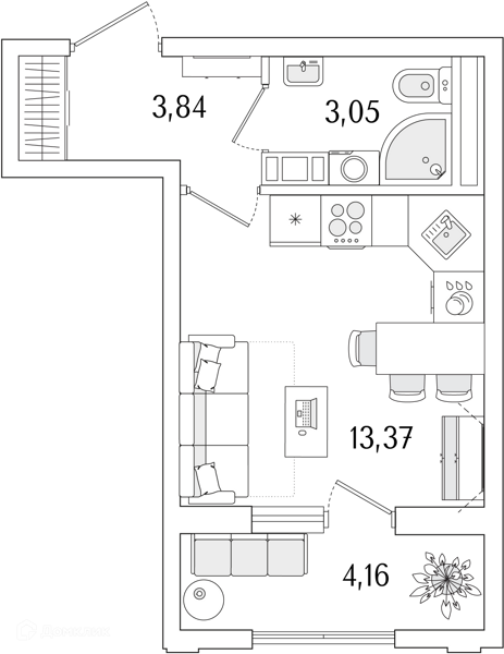 Планировка: Студия · 22,34 м²