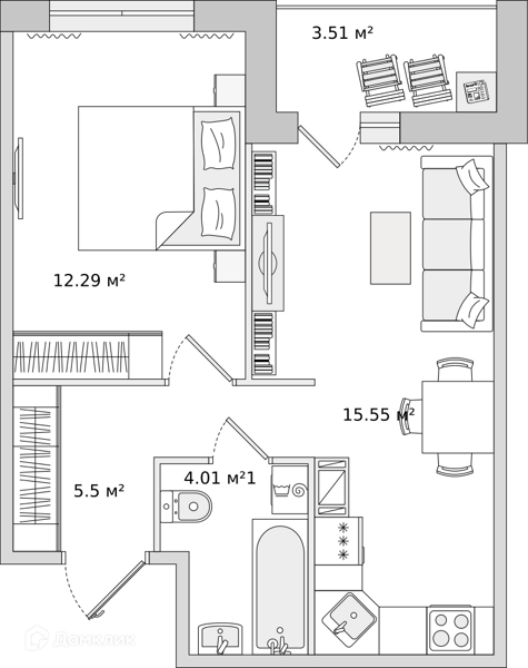 Планировка: 1 комната · 42,69 м²