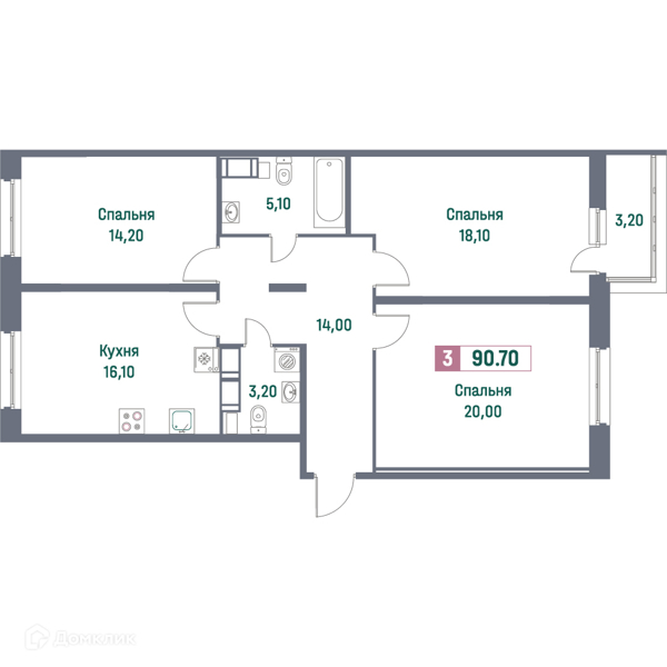 Планировка: 3 комнаты · 90,7 м²