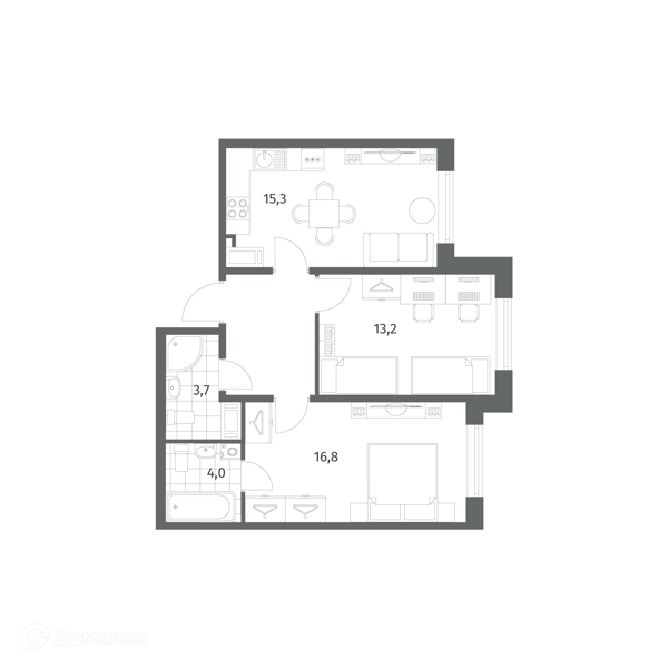 Планировка: 2 комнаты · 59,8 м²
