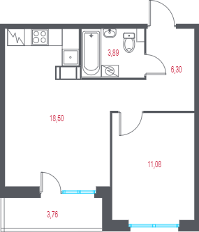 Планировка: 1 комната · 41,65 м²
