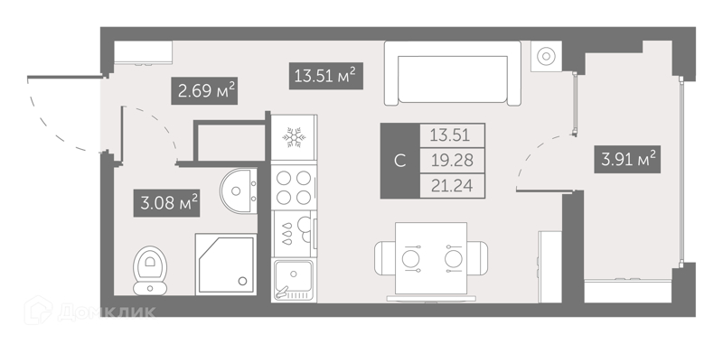 Планировка квартиры: Студия · 21,24 м²