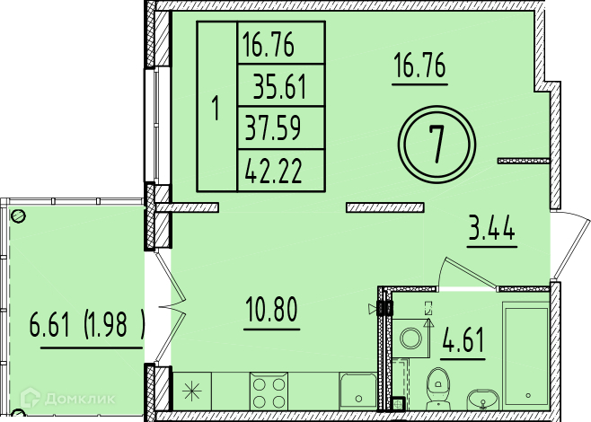 Планировка: 1 комната · 35,61 м²