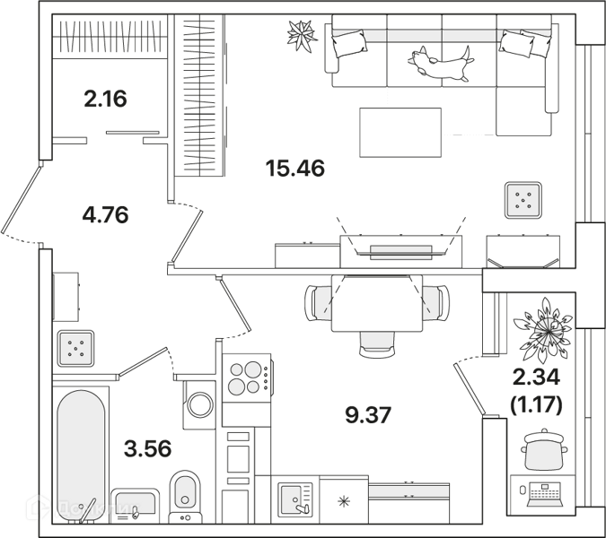 Планировка: 1 комната · 36,6 м²