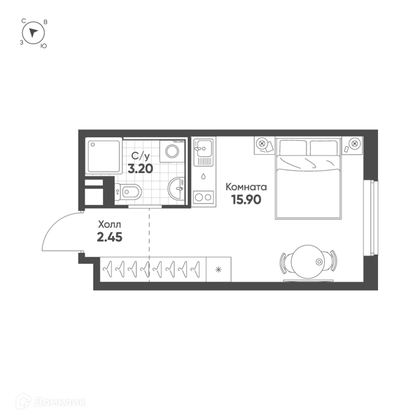 Планировка: Студия · 21,8 м²
