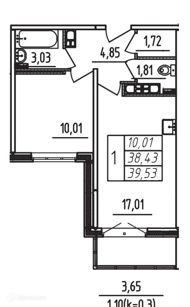 Планировка: 1 комната · 39,53 м²
