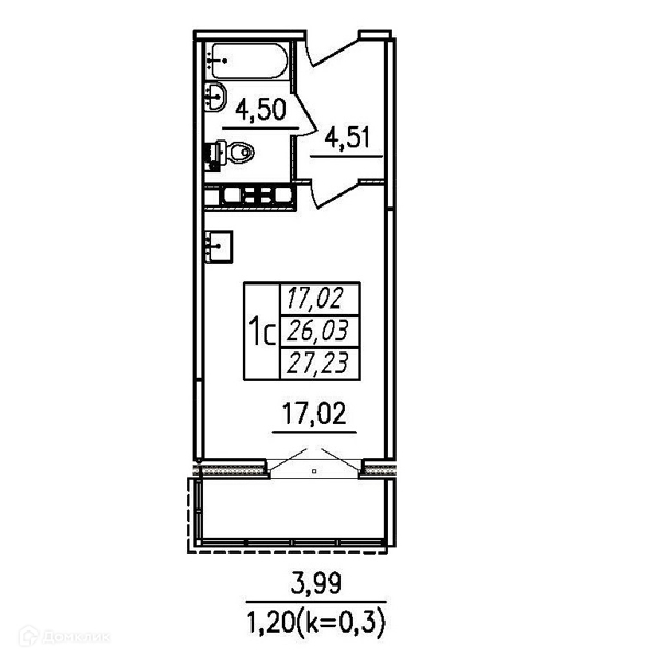 Планировка: Студия · 27,23 м²