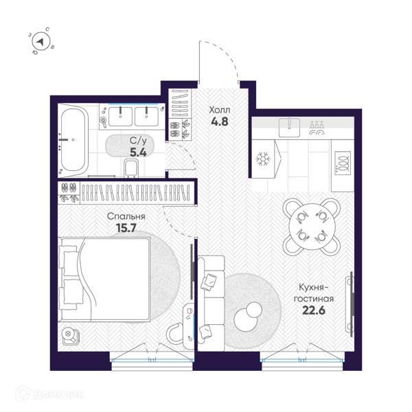 Планировка: 1 комната · 48,5 м²