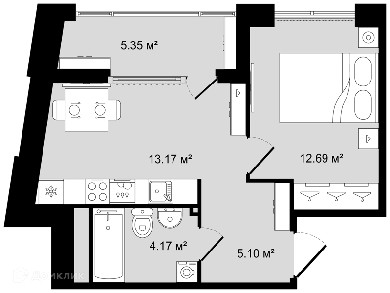 Планировка: 1 комната · 37,81 м²