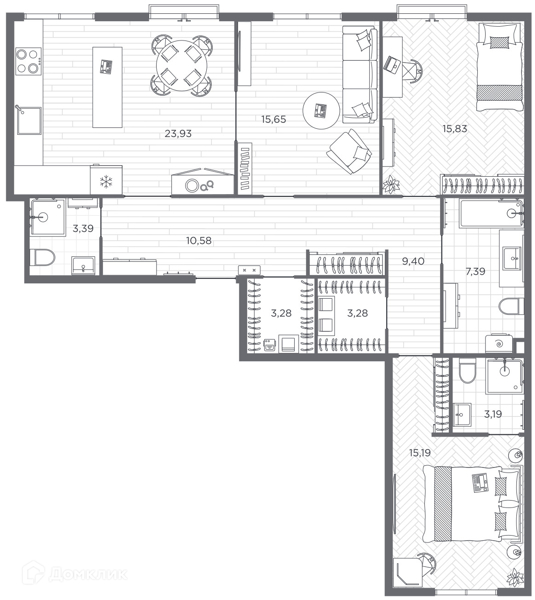 Планировка квартиры: 3 комнаты · 111,1 м²