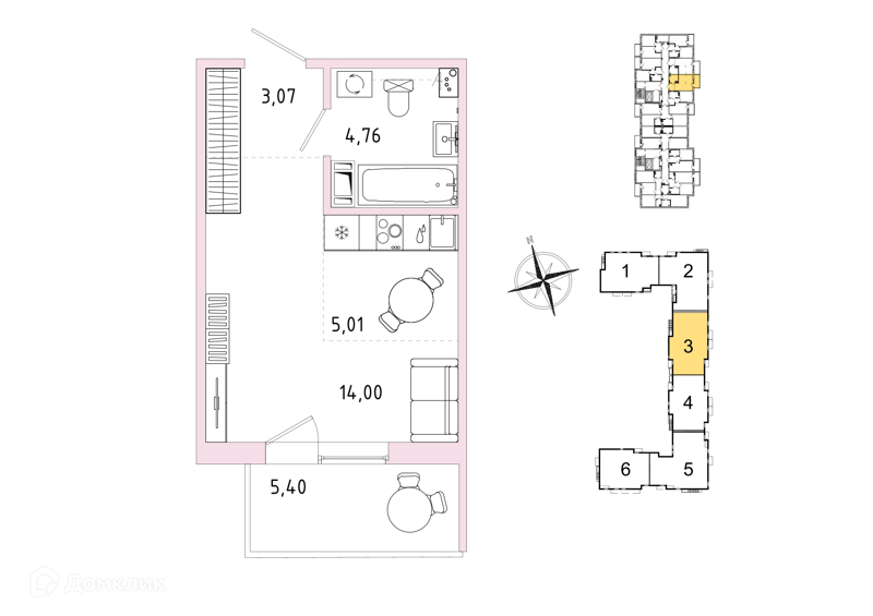 Планировка квартиры: Студия · 28,46 м²