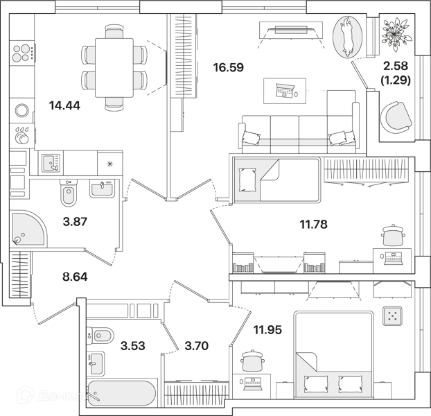Планировка: 3 комнаты · 75,7 м²
