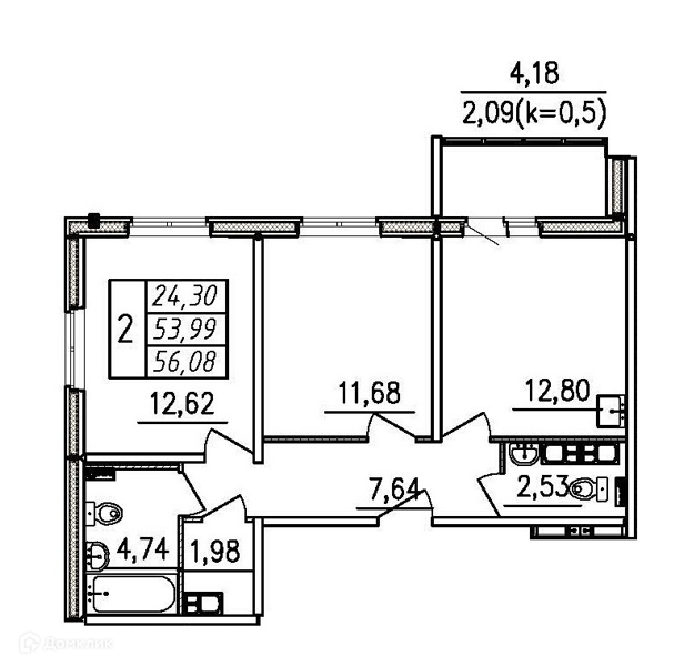 Планировка: 2 комнаты · 56,08 м²