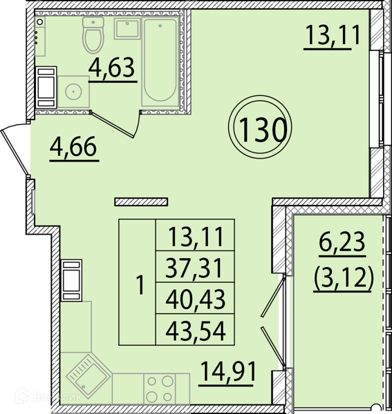 Планировка: 1 комната · 37,31 м²