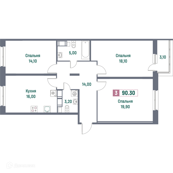 Планировка: 3 комнаты · 90,3 м²