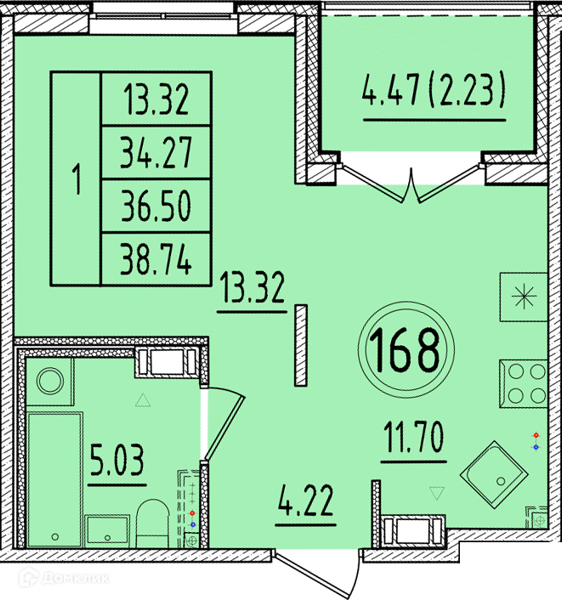 Планировка: 1 комната · 34,27 м²