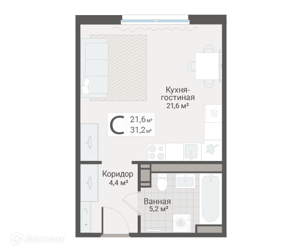 Планировка квартиры: Студия · 31,2 м²