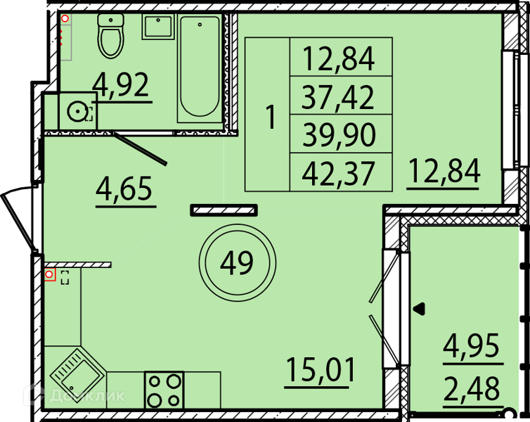 Планировка: 1 комната · 37,42 м²