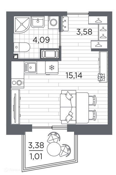 Планировка квартиры: Студия · 23,82 м²
