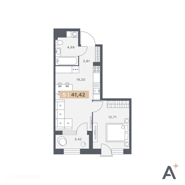Планировка: 1 комната · 41,42 м²