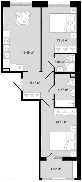 Планировка: 2 комнаты · 62,97 м²