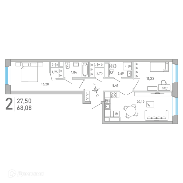 Планировка: 2 комнаты · 68,4 м²