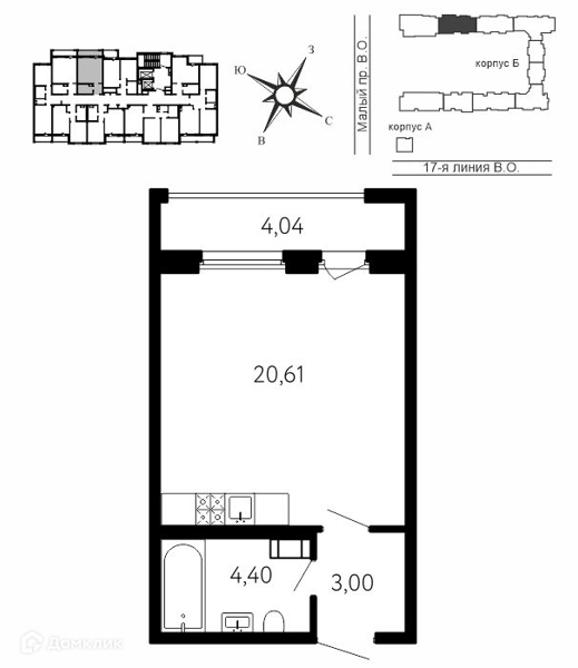 Планировка квартиры: 1 комната · 29,22 м²