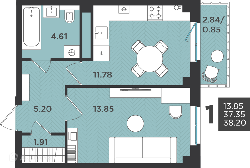 Планировка: 1 комната · 38,2 м²