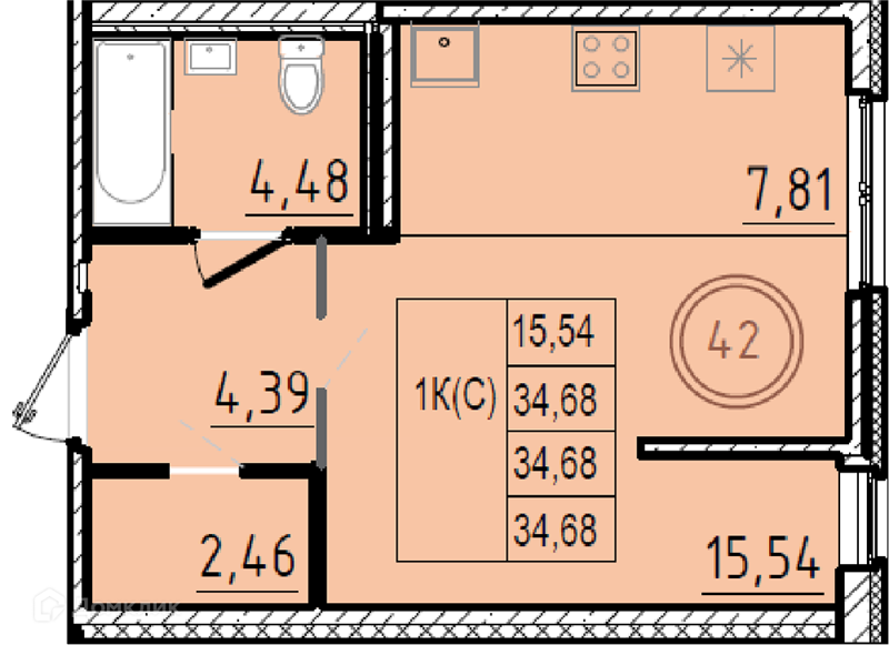 Планировка: Студия · 34,68 м²