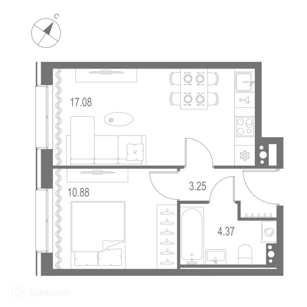 Планировка: 1 комната · 35,58 м²