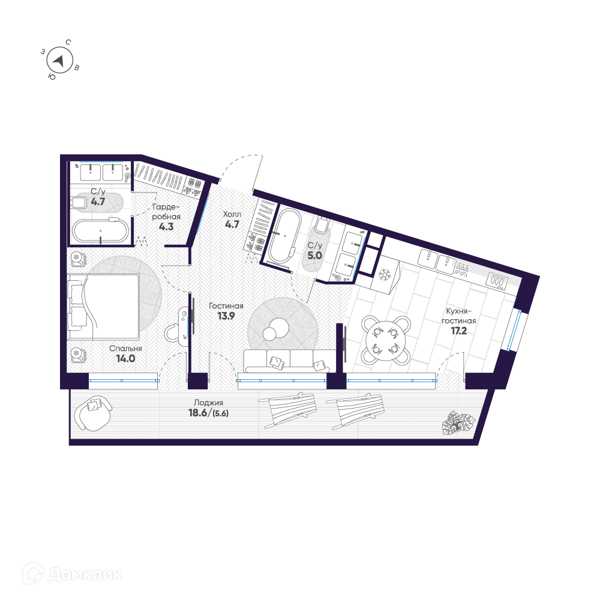 Планировка: 2 комнаты · 69,4 м²