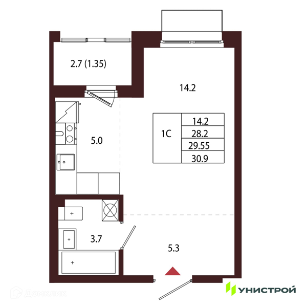 Планировка квартиры: Студия · 29,55 м²