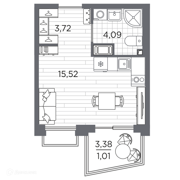 Планировка квартиры: Студия · 24,34 м²