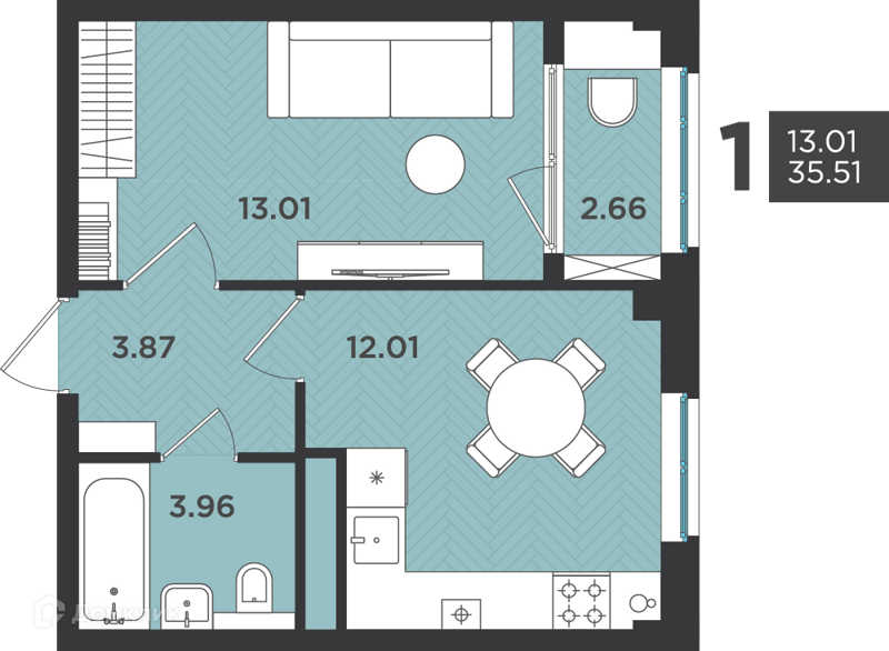 Планировка: 1 комната · 35,51 м²