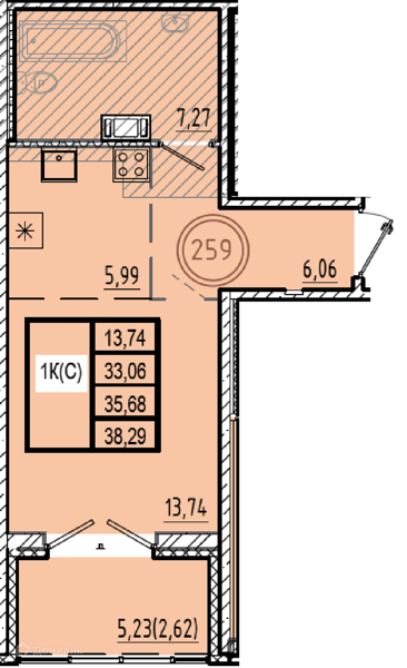 Планировка: Студия · 33,06 м²