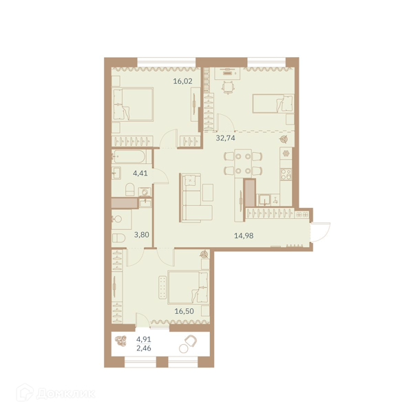 Планировка: 2 комнаты · 92,1 м²