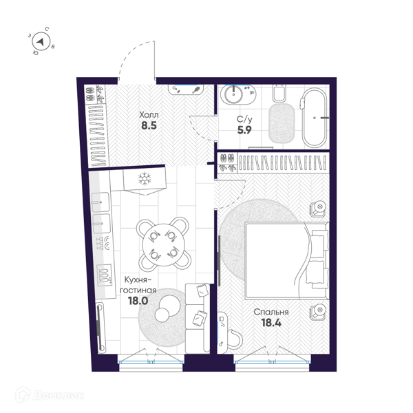 Планировка: 1 комната · 50,8 м²