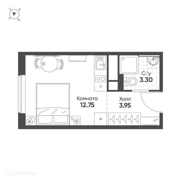Планировка: Студия · 19,3 м²