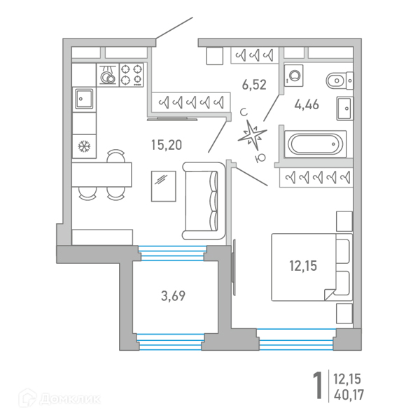 Планировка квартиры: 1 комната · 40,17 м²