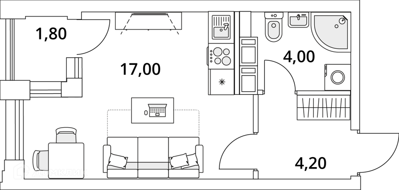 Планировка: Студия · 26,3 м²