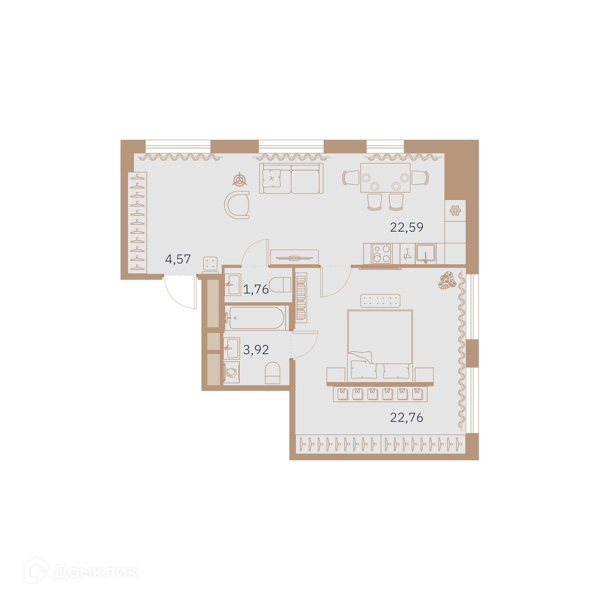 Планировка: 1 комната · 56,9 м²