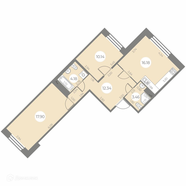 Планировка: 2 комнаты · 64,18 м²