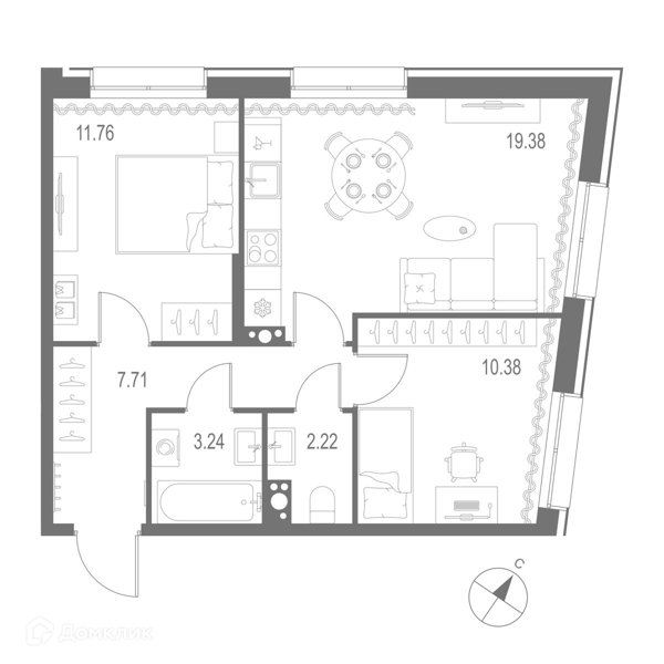 Планировка: 2 комнаты · 54,69 м²