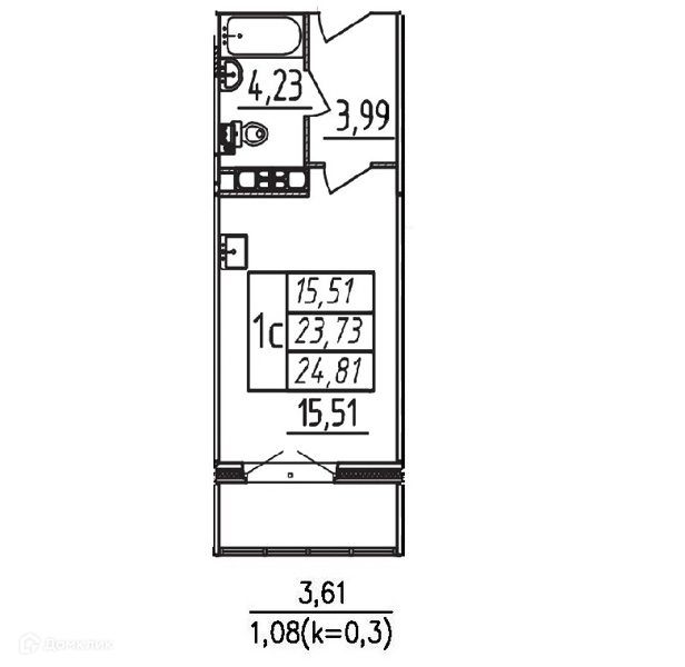 Планировка квартиры: Студия · 24,81 м²