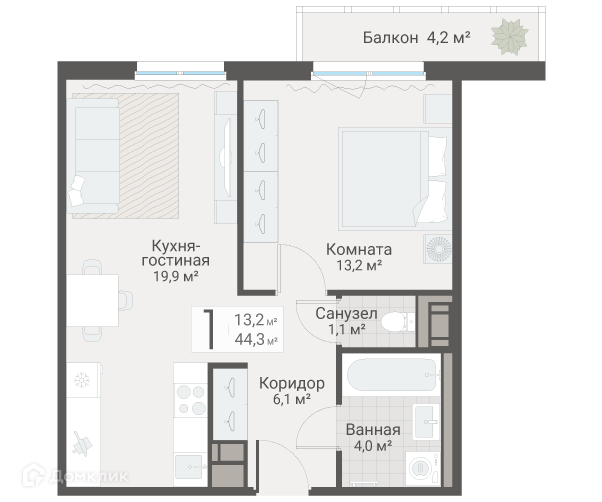 Планировка квартиры: 1 комната · 44,3 м²