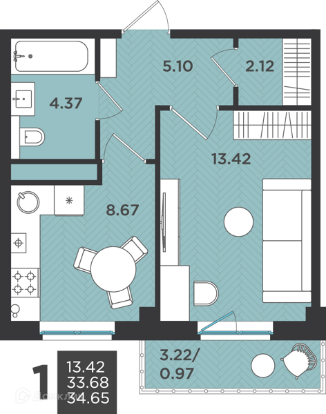 Планировка квартиры: 1 комната · 34,65 м²