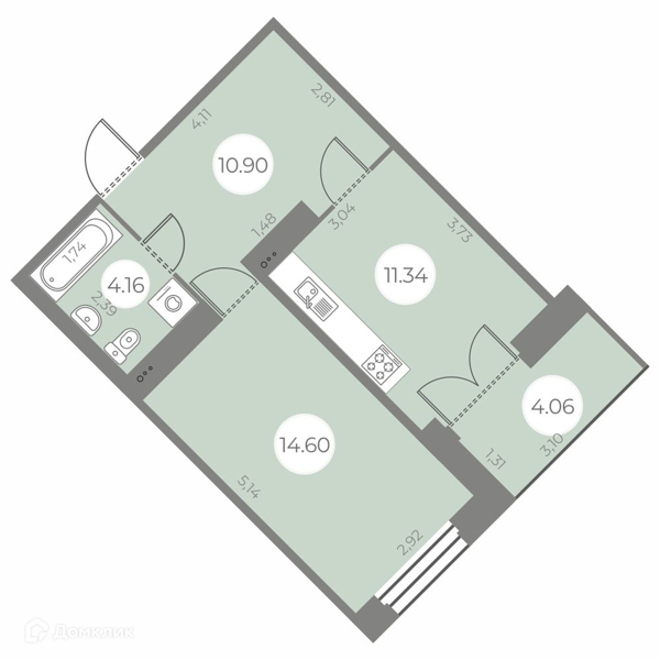Планировка: 1 комната · 43,03 м²