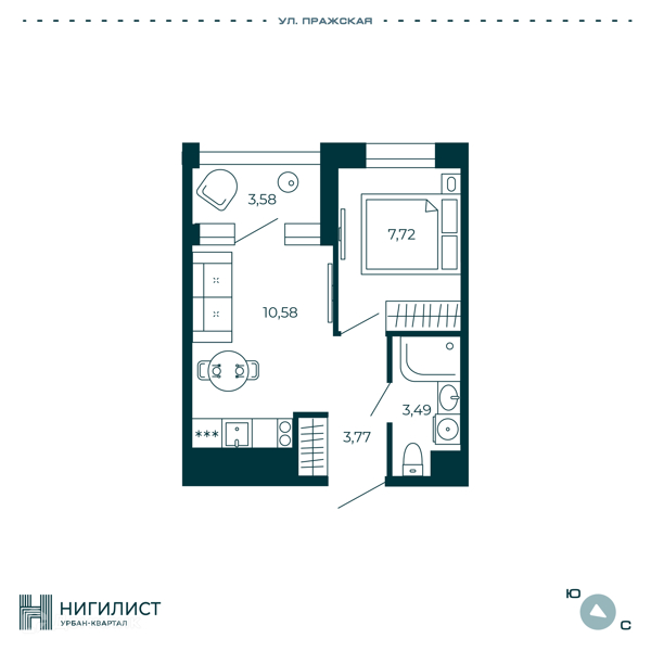 Планировка квартиры: 1 комната · 27,35 м²