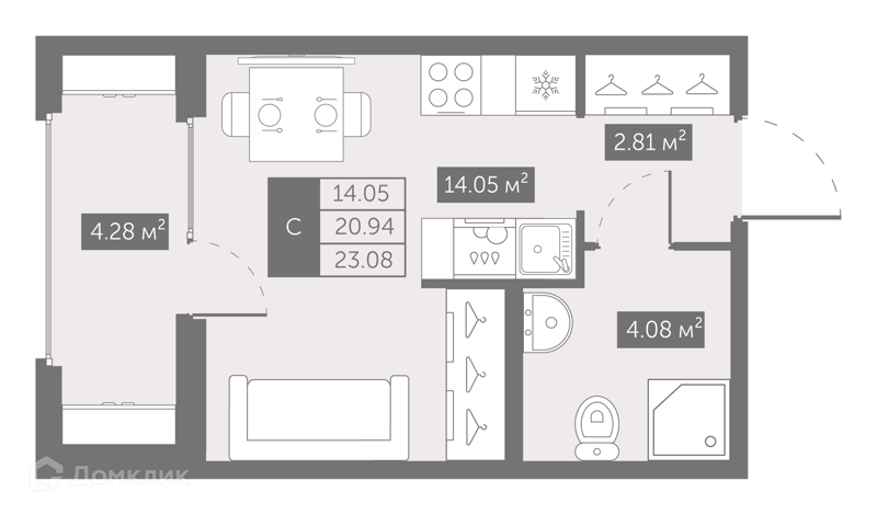 Планировка: Студия · 23,08 м²